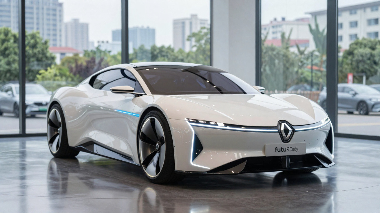 Carro desportivo elétrico branco da Renault estacionado em espaço interior com vidros amplos e vista urbana.