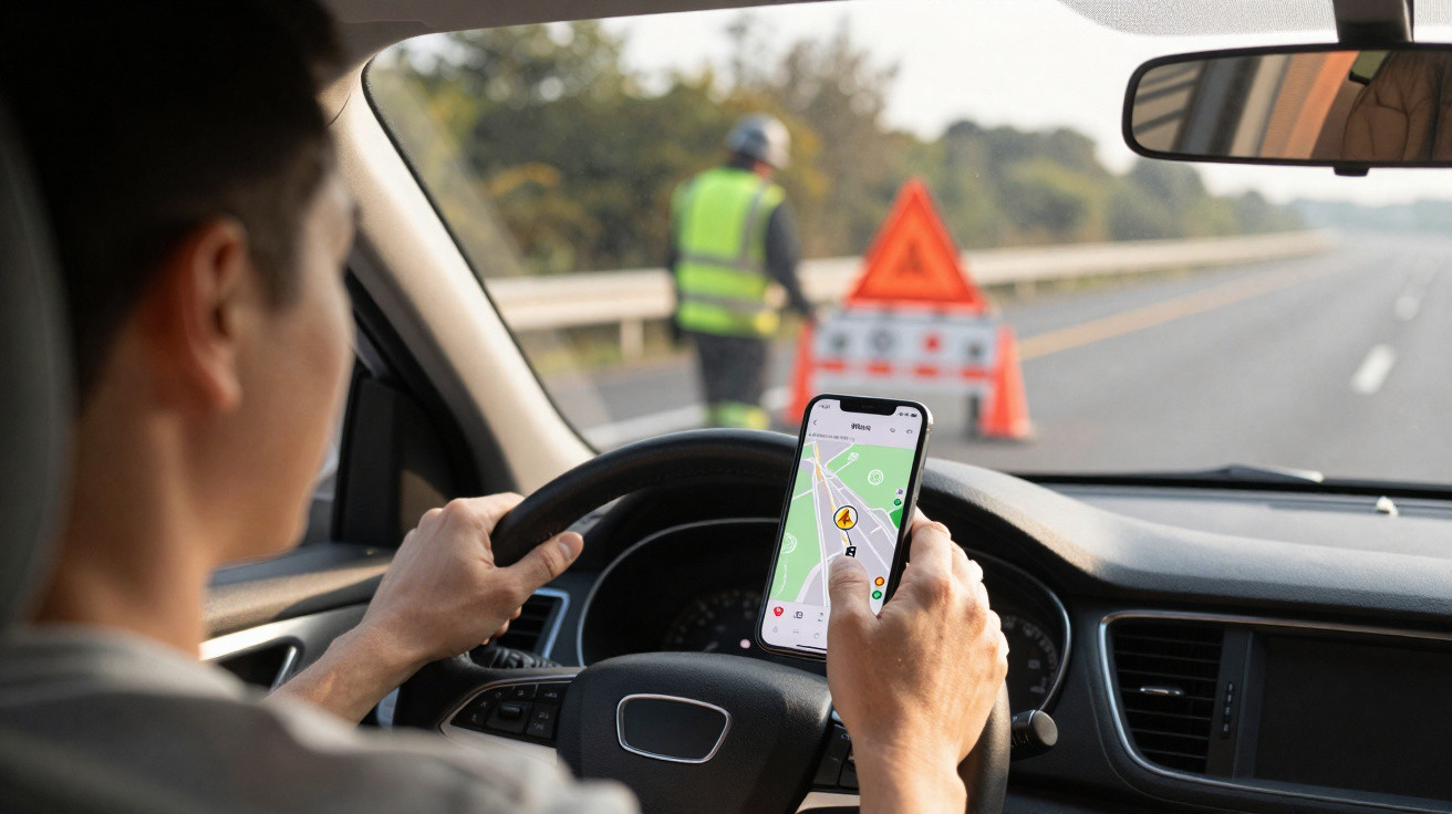 Condutor com telemóvel na mão a usar GPS enquanto um trabalhador de segurança com colete reflexivo está na estrada com sinal 