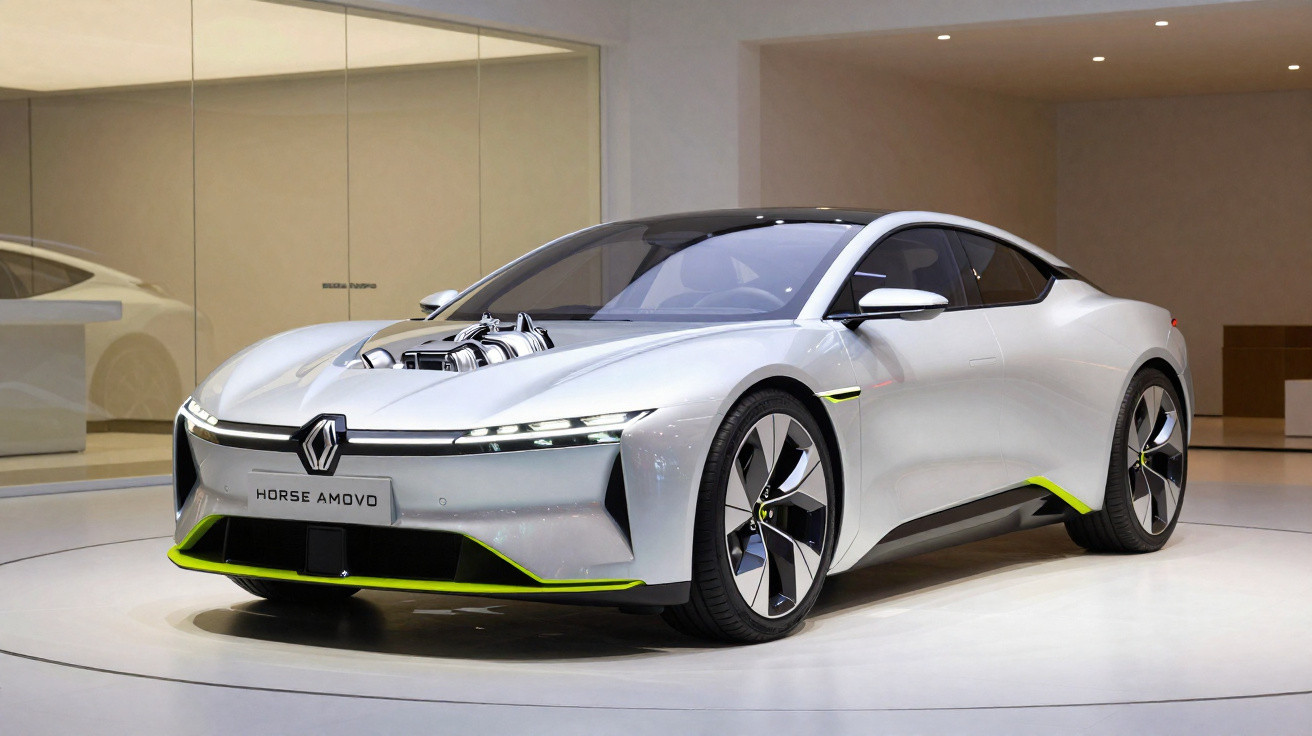 Carro desportivo elétrico Renault Horse Amovo branco exibido em sala moderna com detalhes verdes.
