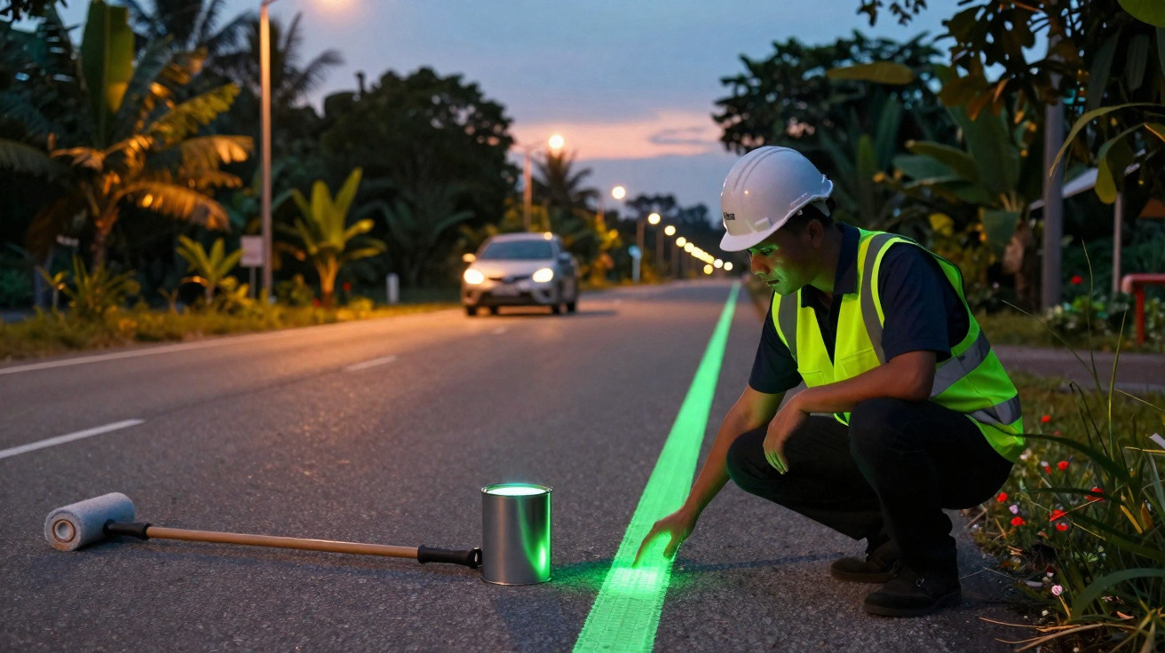 Homem com capacete e colete refletor pinta linha verde luminosa numa estrada ao entardecer.