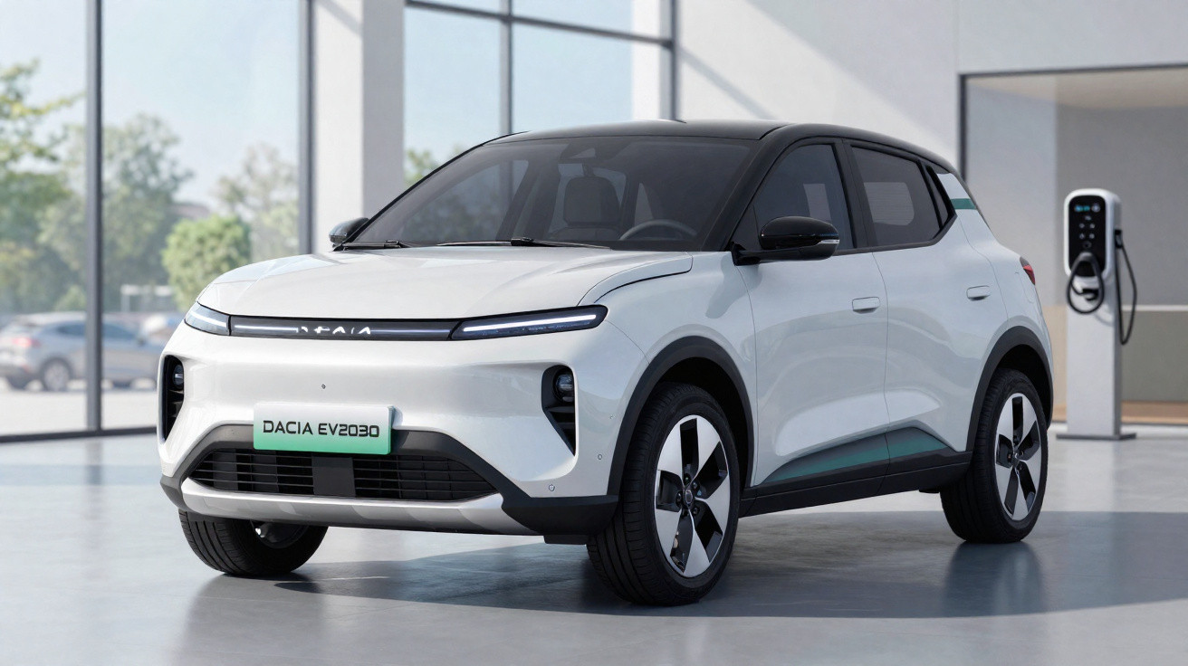 Veículo elétrico branco Dacia EV2030 estacionado em espaço interior moderno com posto de carregamento.