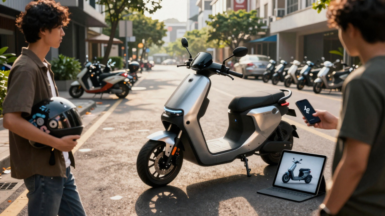 Dois jovens com capacetes observam uma scooter elétrica prateada num passeio urbano ensolarado.