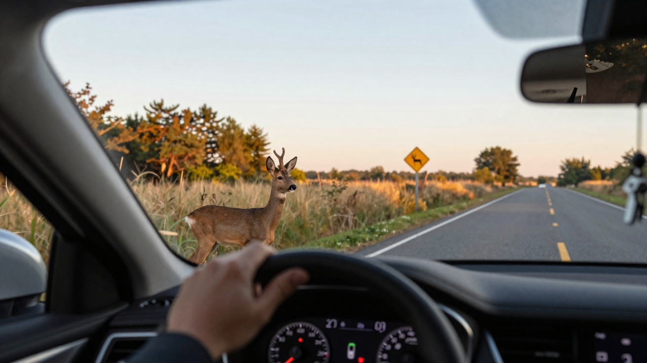 Veado atravessando a estrada vista do volante de um carro ao pôr do sol.
