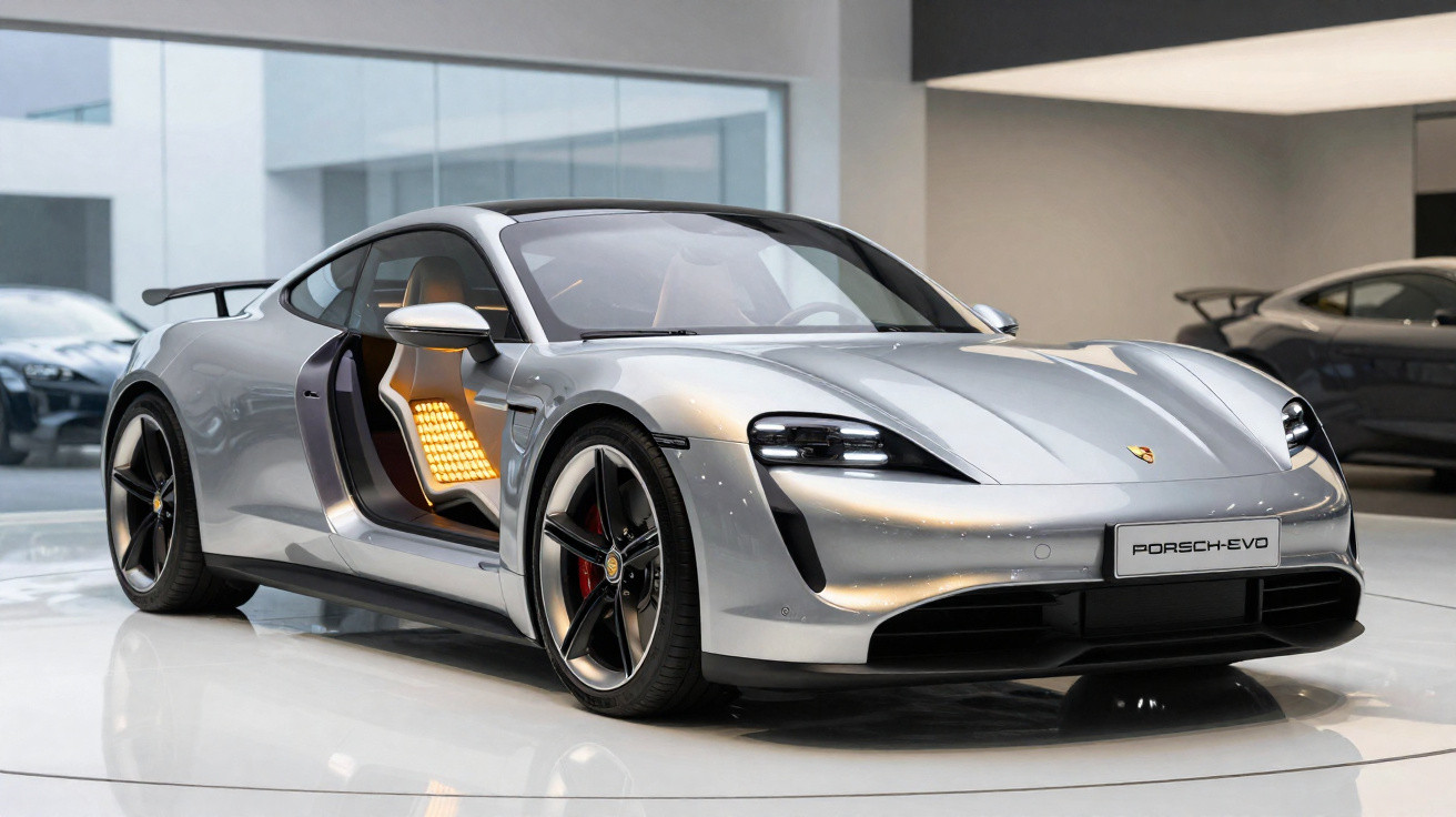 Carro desportivo Porsche EVO prata com porta aberta numa exposição moderna e piso brilhante.
