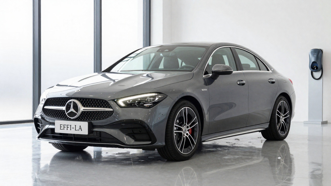 Carro elétrico Mercedes-Benz cinzento estacionado em espaço interior com carregador na parede.