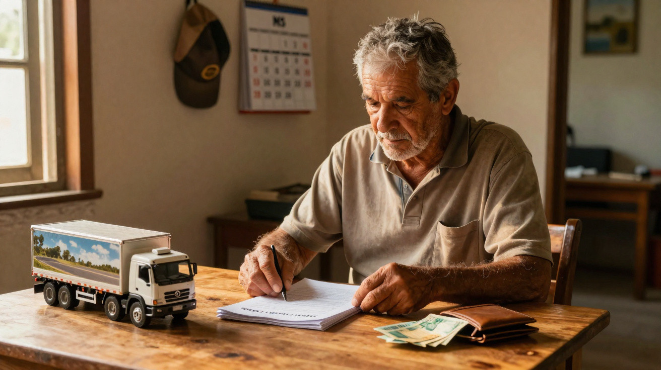 Homem idoso sentado à mesa escrevendo, com notas, carteira e brinquedo de camião ao seu lado.
