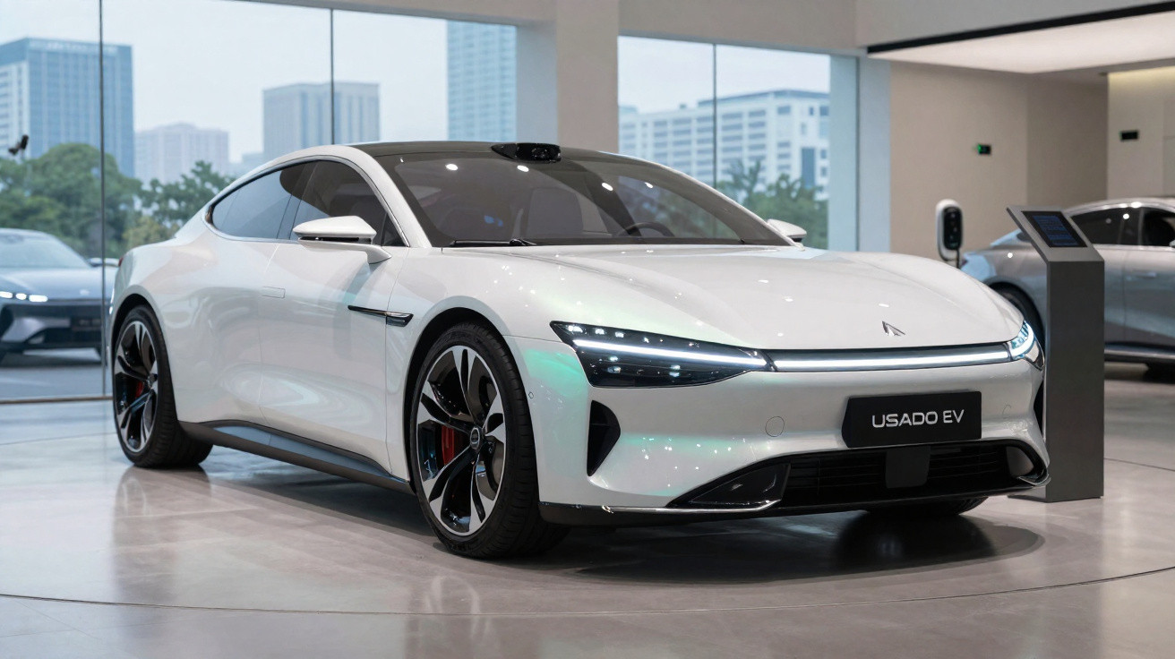 Carro elétrico desportivo branco estacionado em exposição num salão moderno com janelas amplas.