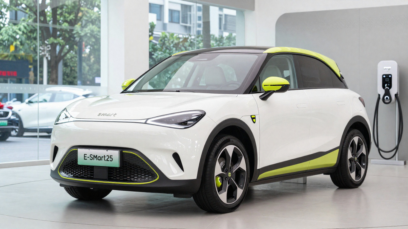 Carro elétrico branco e verde-lima Smart E-Smart25 estacionado numa garagem interior junto a posto de carregamento.