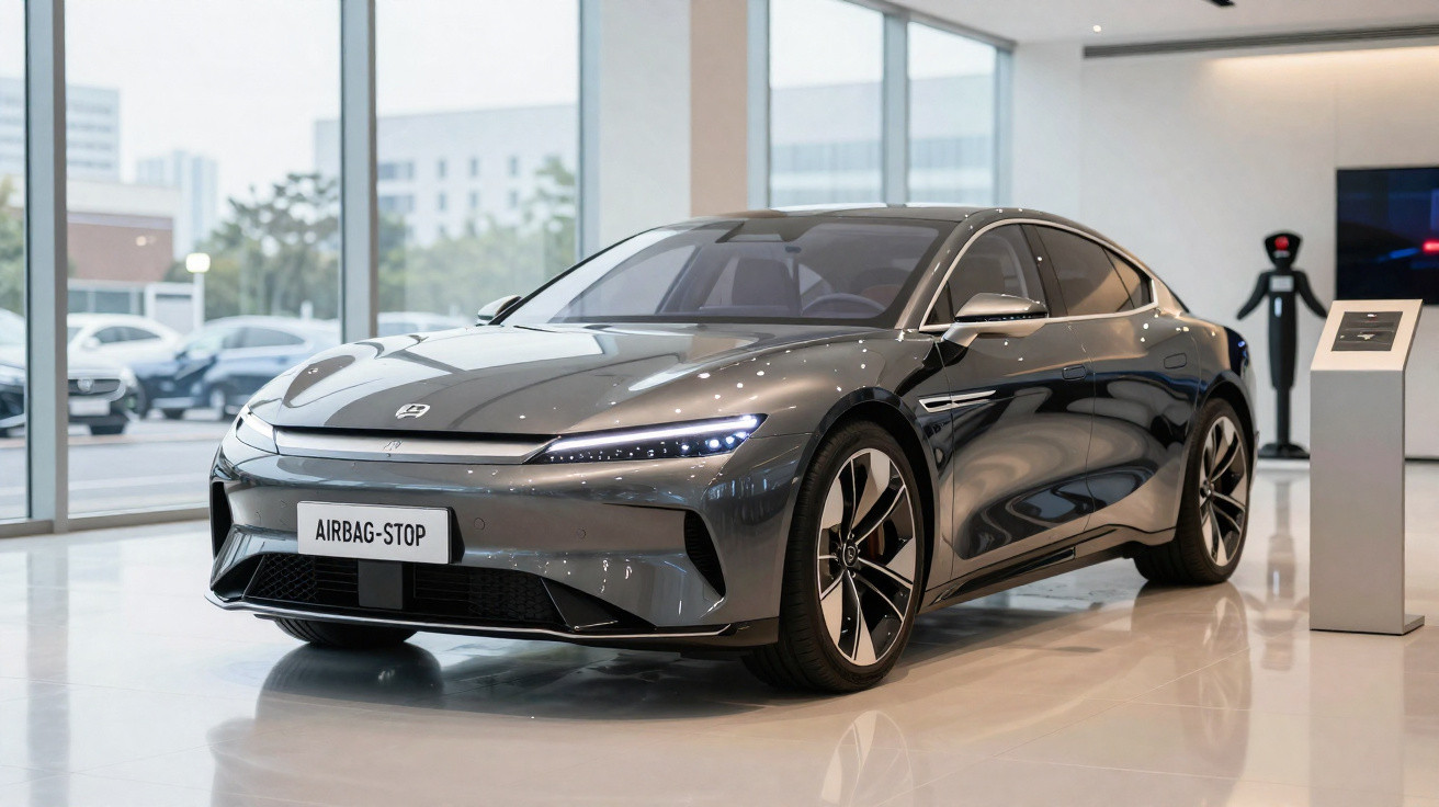 Carro elétrico cinzento de luxo exposto numa sala moderna com grandes janelas e chão polido.