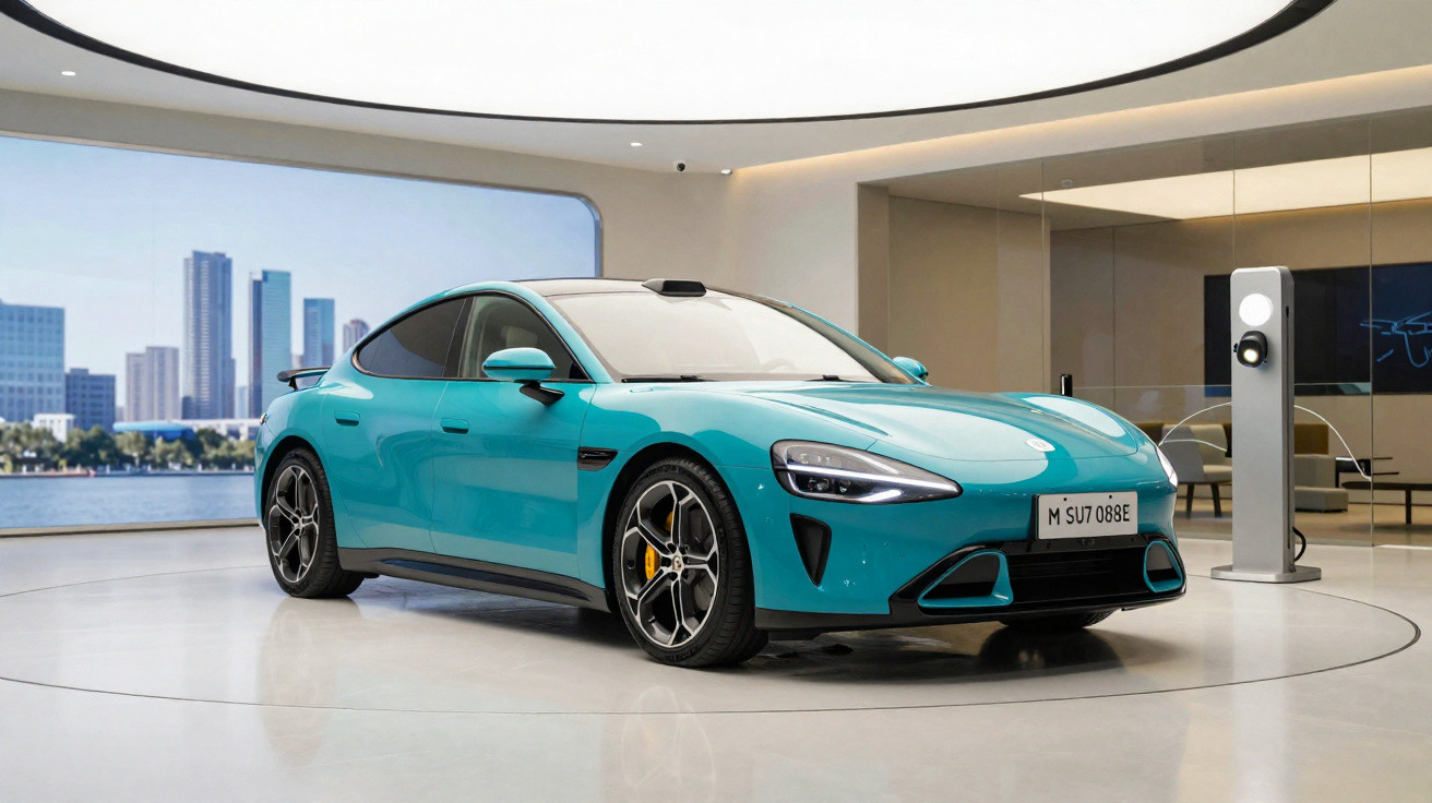 Carro elétrico desportivo de cor azul turquesa exposto em ambiente moderno com vista urbana e estação de carregamento.