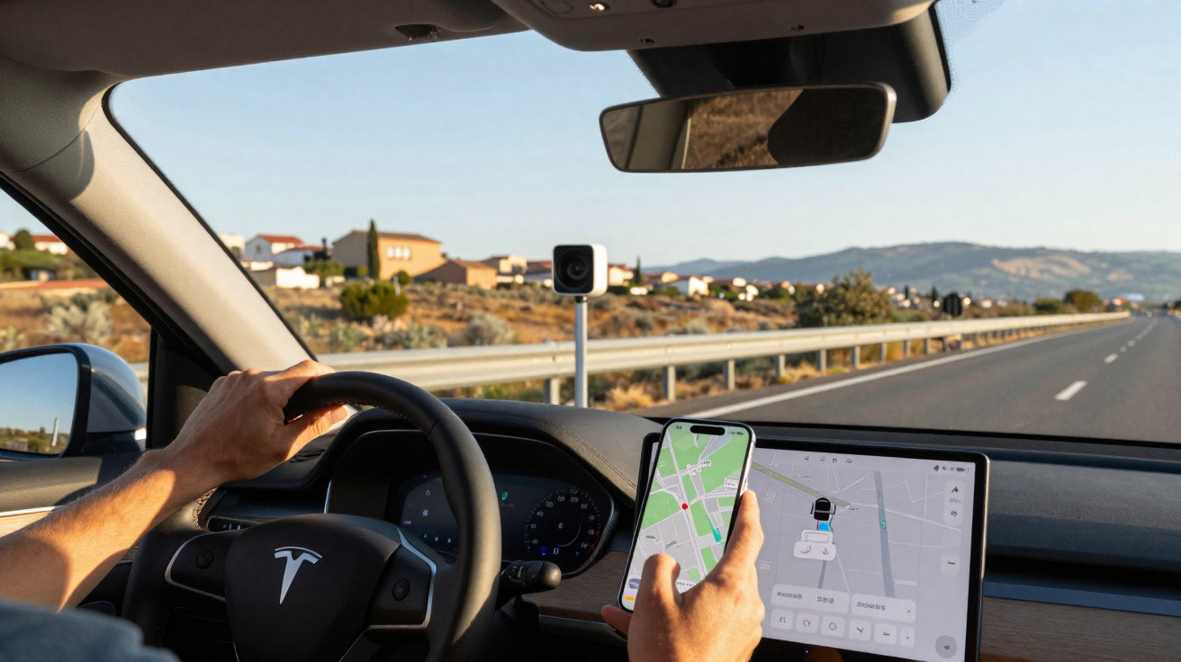 Interior de Tesla com motorista a segurar telemóvel com mapa, estrada e paisagem visível pelas janelas.