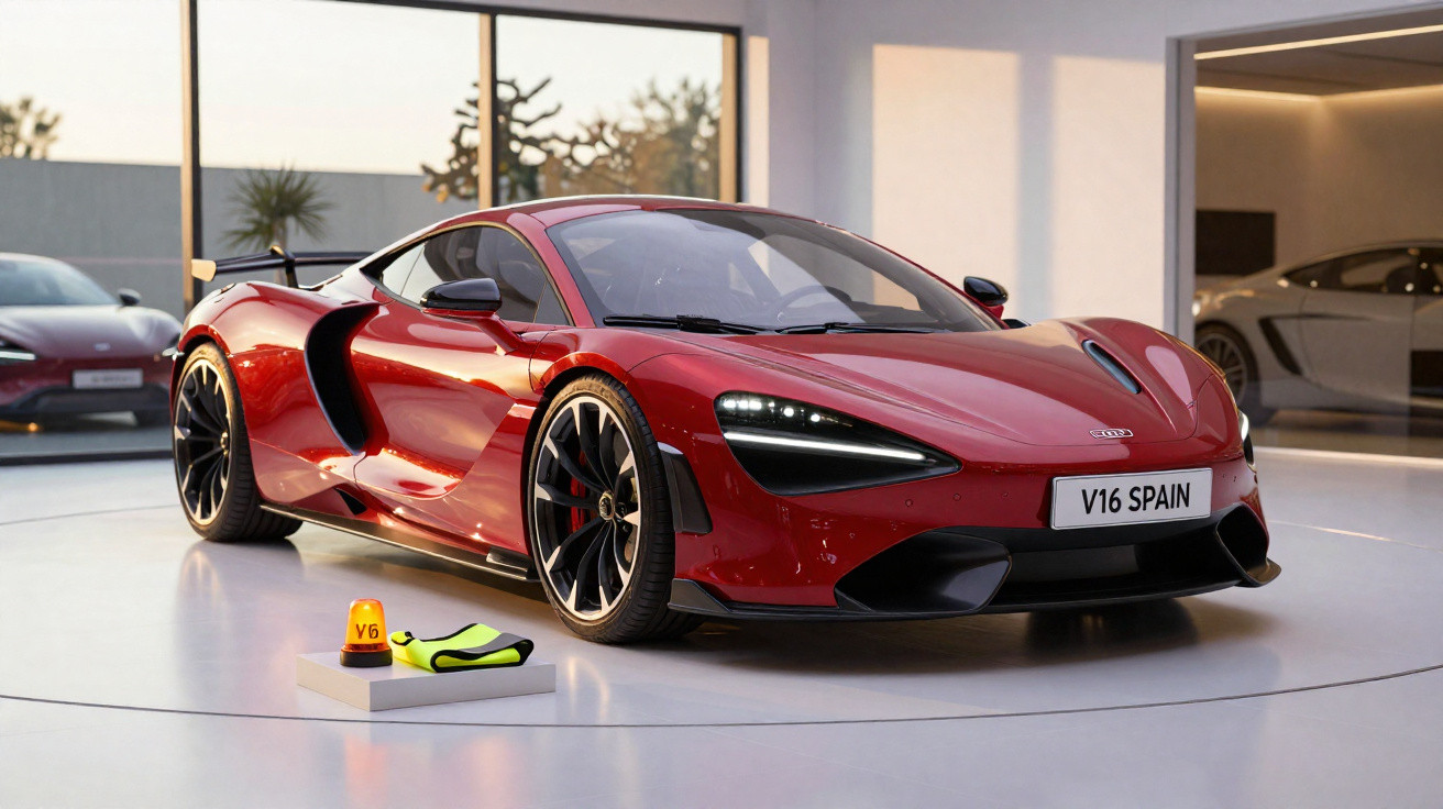 Carro desportivo vermelho estacionado em garagem moderna com placa V16 SPAIN e itens de segurança em destaque.