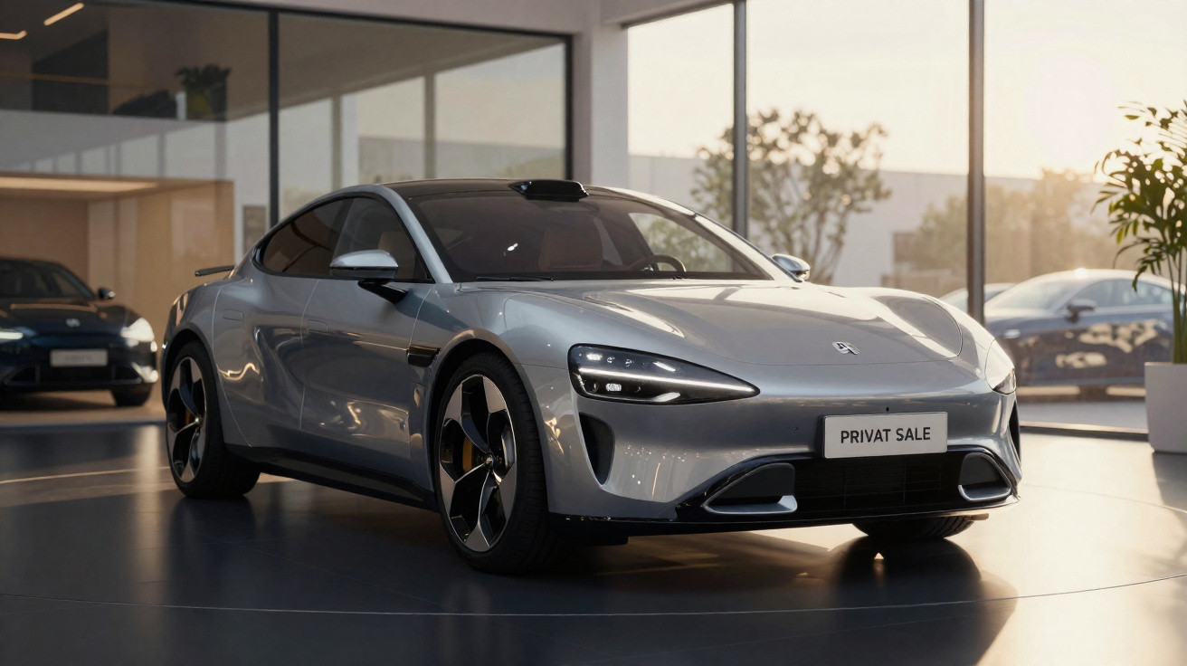 Carro elétrico desportivo cinzento exibido em salão moderno com luz natural e placa "Privat Sale".