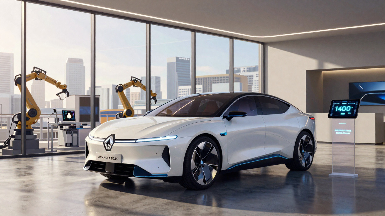 Carro elétrico branco futurista Renault numa sala moderna com braços robóticos e vista urbana ao fundo.