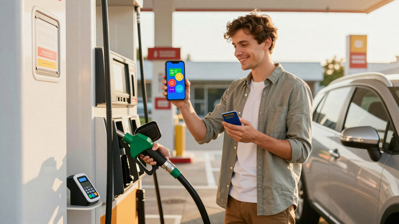 Homem sorridente na bomba de gasolina a mostrar e usar smartphone para pagamento sem contacto.
