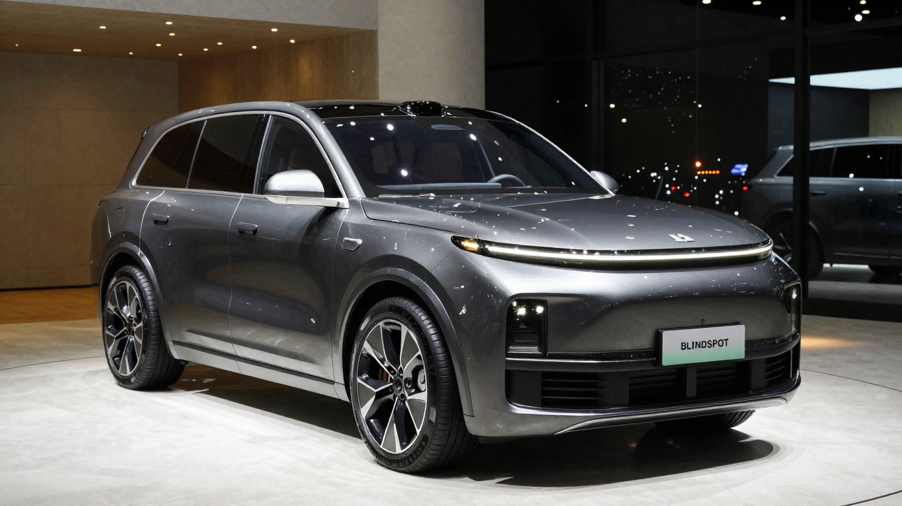 Carro elétrico SUV moderno cinzento estacionado em ambiente interior com iluminação suave.