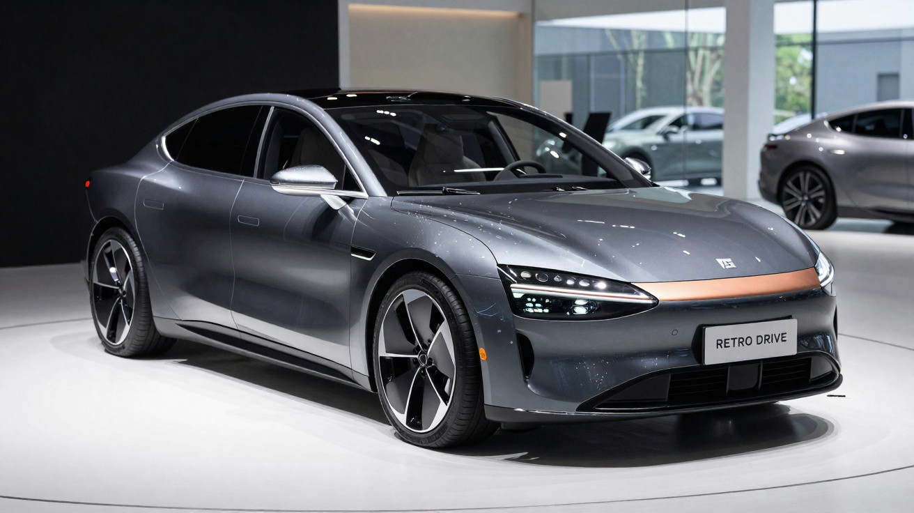Carro elétrico cinzento metálico com design moderno exibido em sala de exposições.