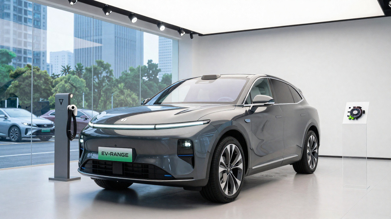 Carro elétrico cinza em exposição moderna com estações de carregamento e edifícios ao fundo.