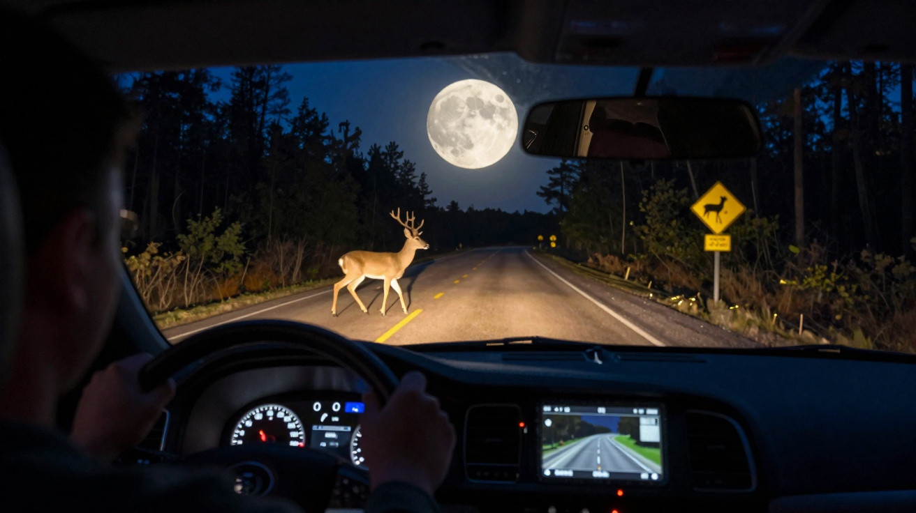 Veado a atravessar estrada à noite sob lua cheia, visto do interior de um carro em andamento.