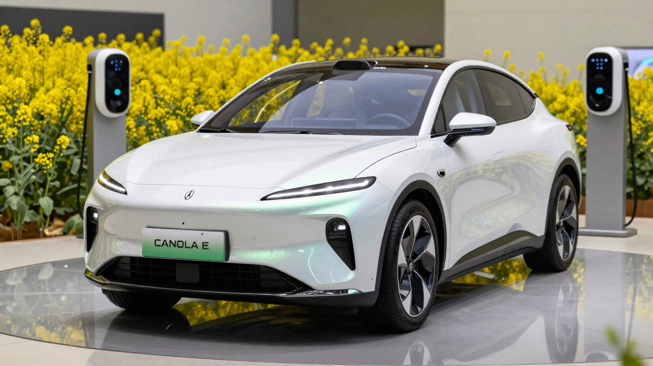 Carro elétrico branco Canola E estacionado entre estações de carregamento com flores amarelas ao fundo.