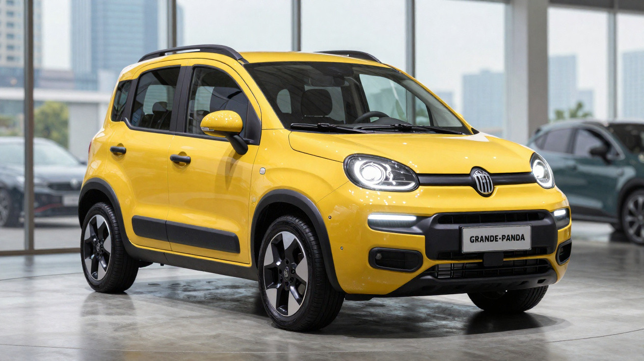 Carro Fiat Grande Panda amarelo com faróis acesos em showroom moderno iluminado.