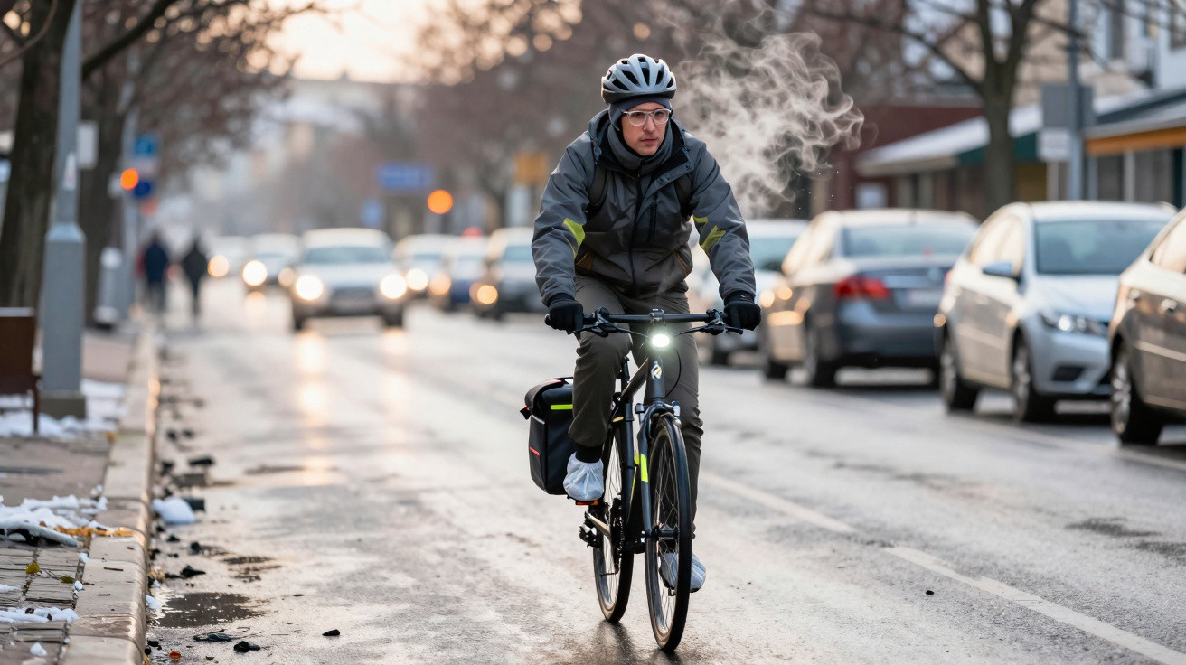 Homem de capacete e roupa quente a pedalar bicicleta numa rua com carros estacionados e trânsito ao fundo.