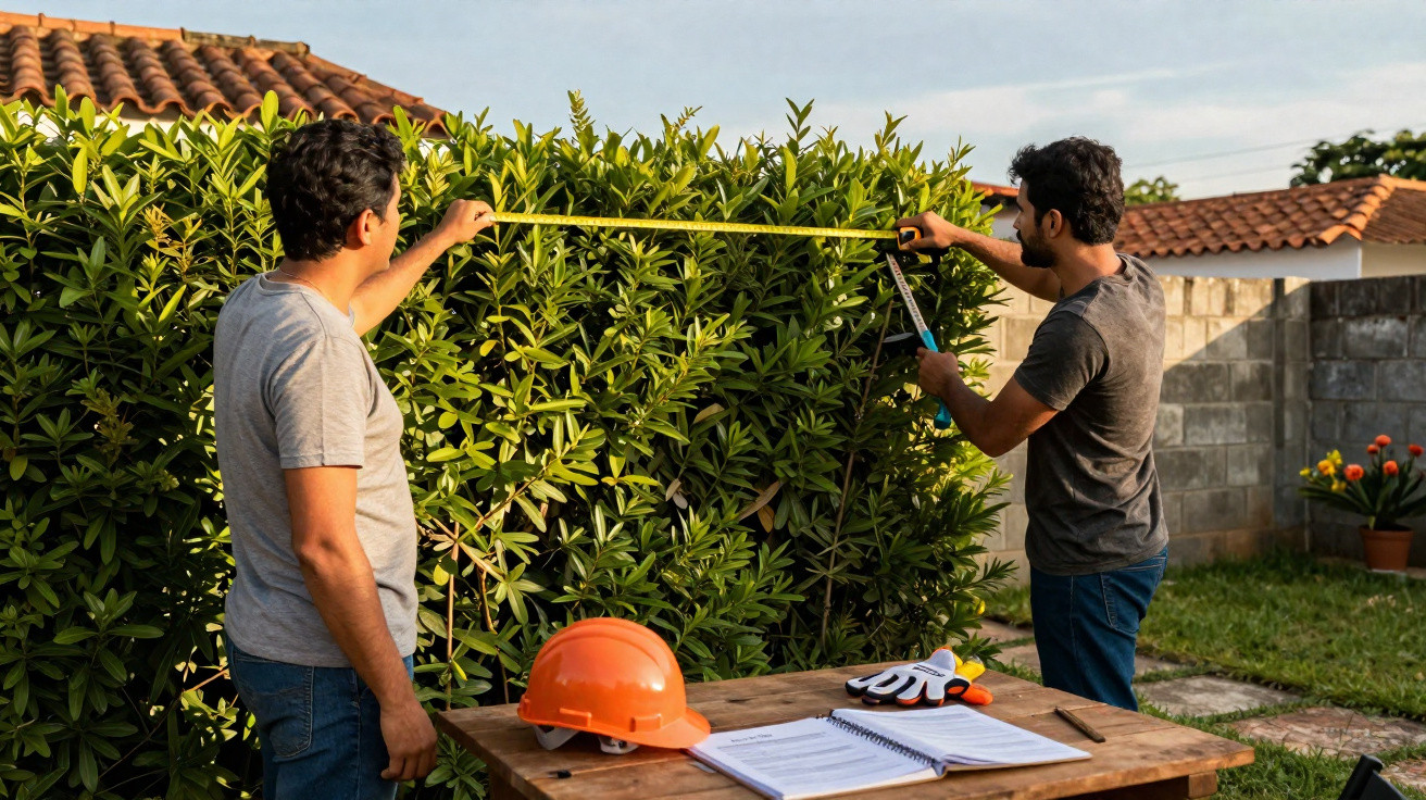 Dois homens medem e podam sebe no jardim com fita métrica e tesoura de poda, mesa com capacete e caderno.