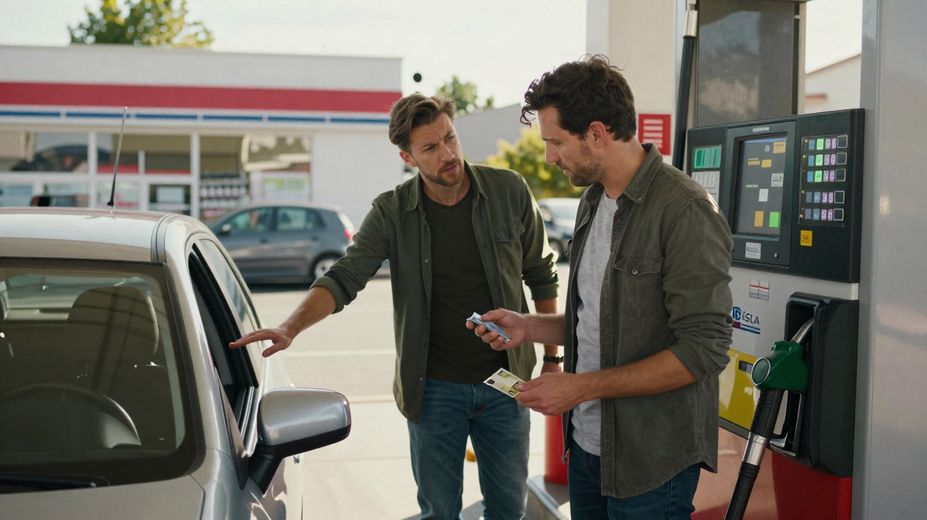 Dois homens interagem junto a uma bomba de gasolina, um segura dinheiro e o outro aponta para dentro de um carro estacionado.