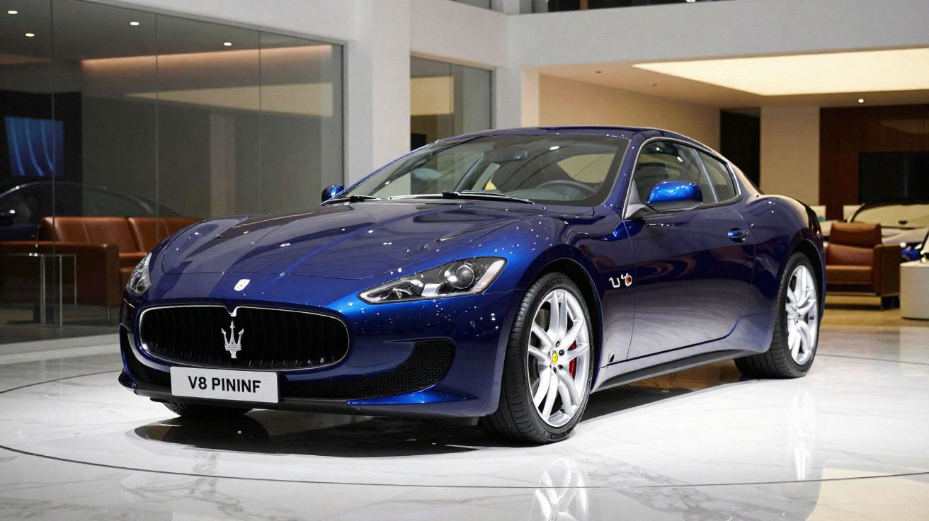 Carro desportivo azul Maserati V8 Pininfarina exposto em sala com chão de mármore branco.