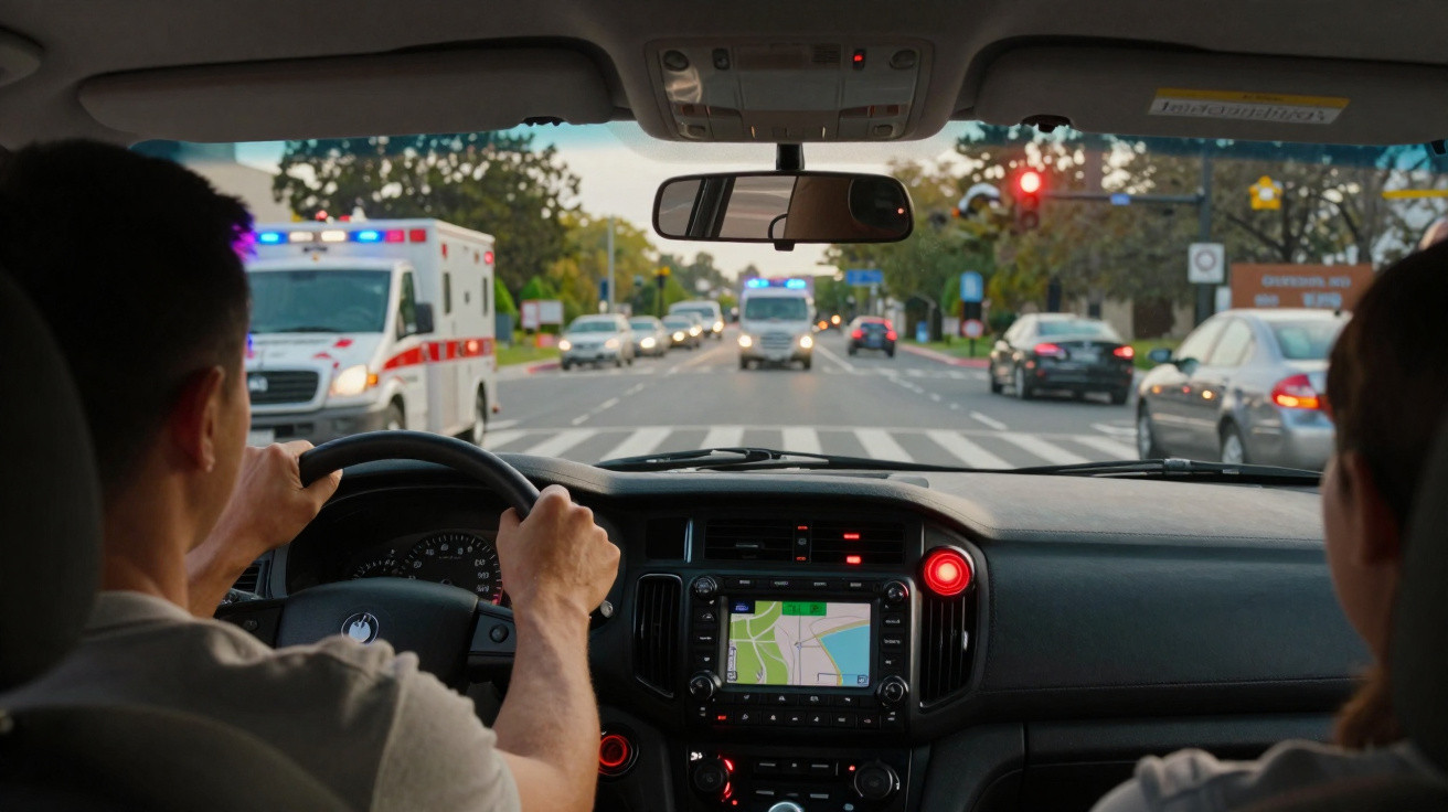 Interior de carro com duas pessoas, ambulâncias a aproximar-se num semáforo em vermelho numa avenida.