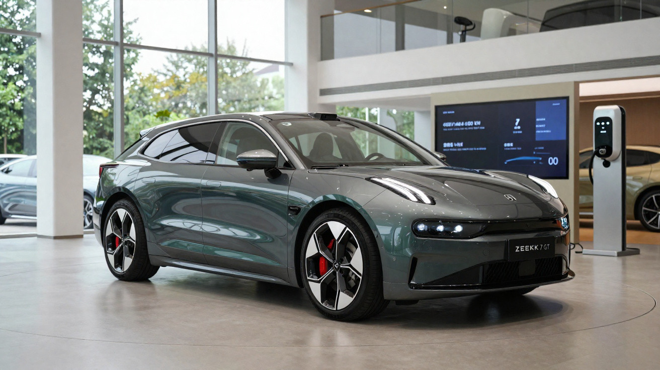 Carro elétrico cinza escuro Zeekr 001 GT estacionado numa sala moderna com carregador elétrico perto.