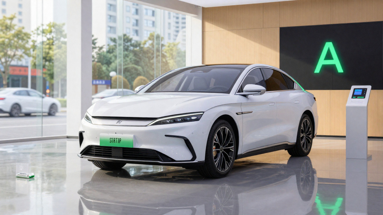 Carro elétrico branco moderno estacionado num showroom com piso refletor e painel iluminado com letra A.