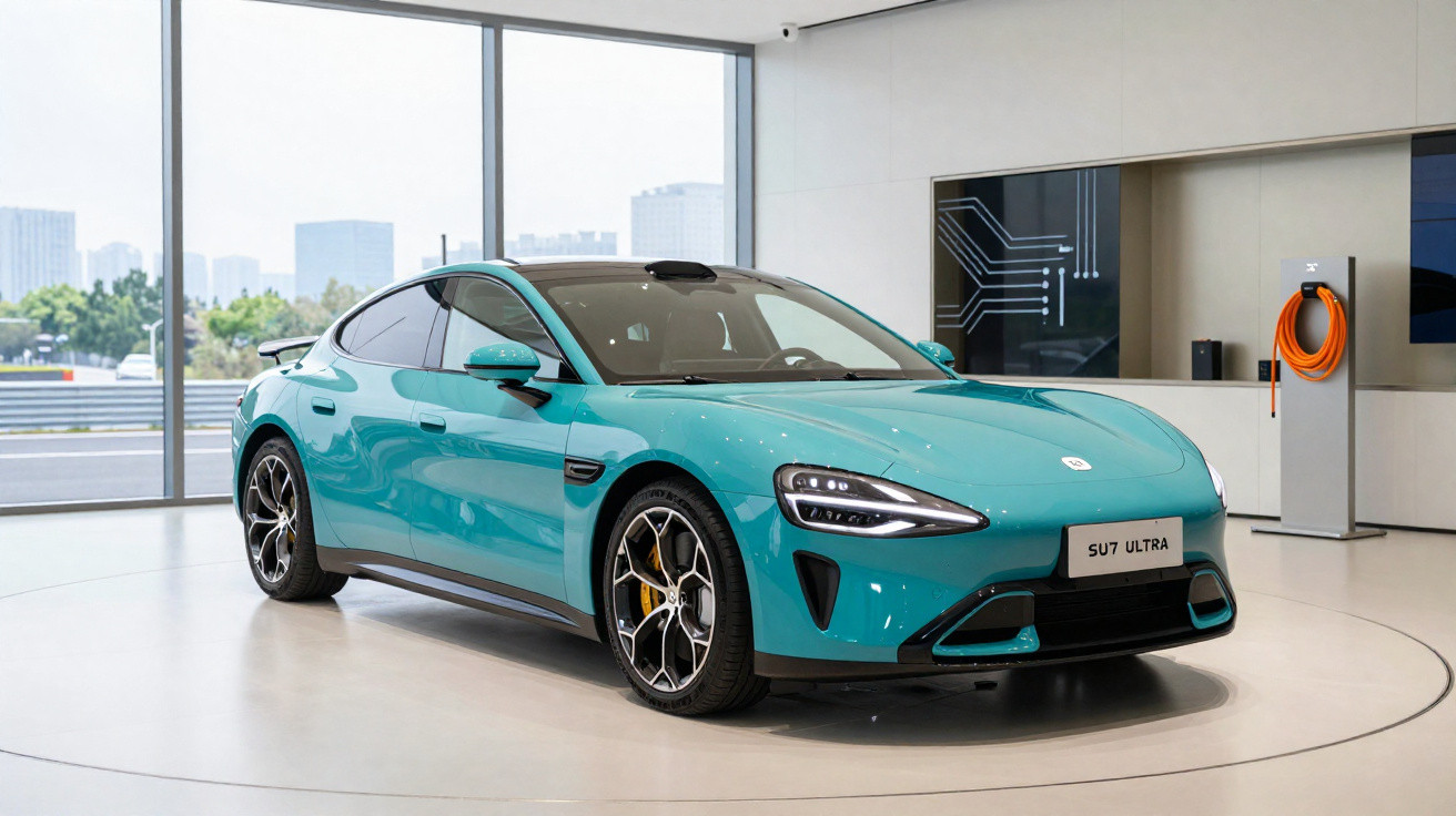 Carro elétrico esportivo azul turquesa em exposição numa sala moderna com grandes janelas.