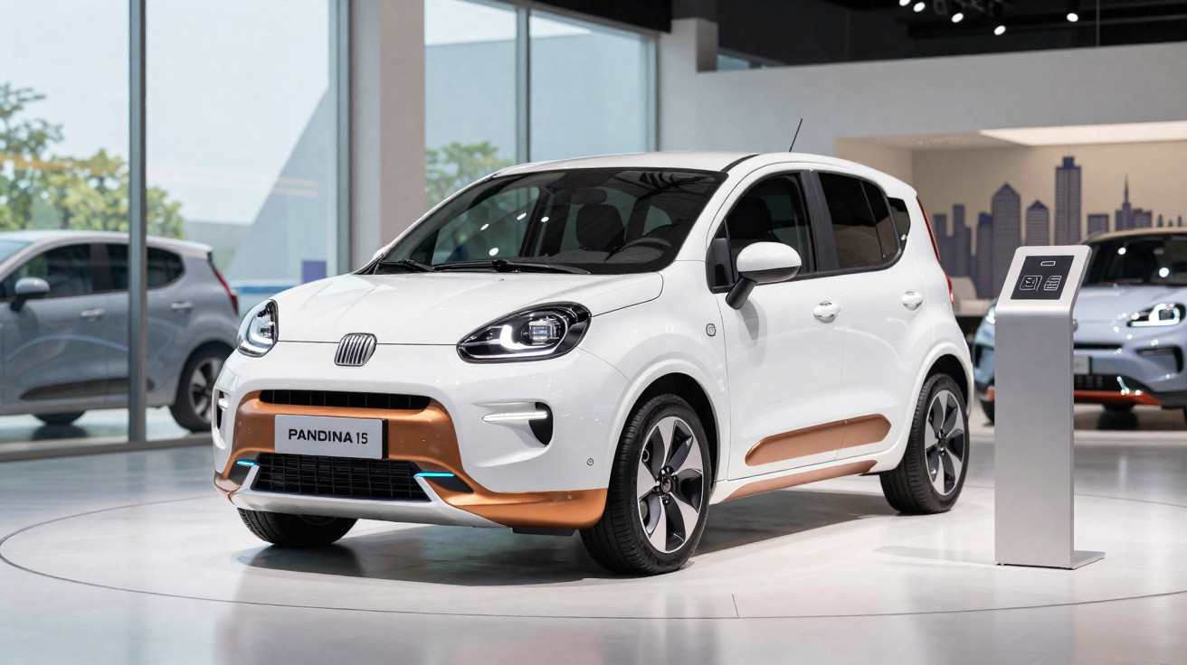 Carro elétrico branco Panda 15 exposto num salão moderno com iluminação natural e outras viaturas ao fundo.