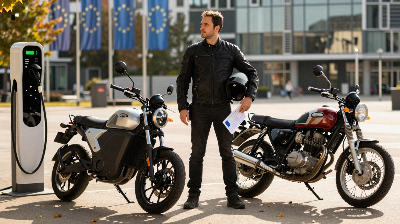 Homem com fato de motoqueiro entre motocicleta elétrica numa estação de carregamento e moto clássica num espaço urbano.
