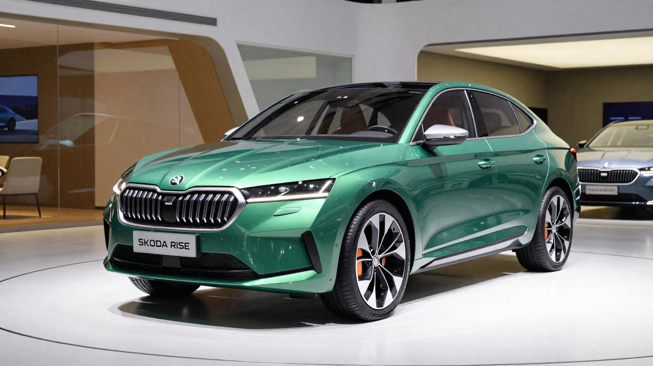 Carro elétrico Skoda Rise verde exposto em salão automóvel com design moderno e linhas aerodinâmicas.