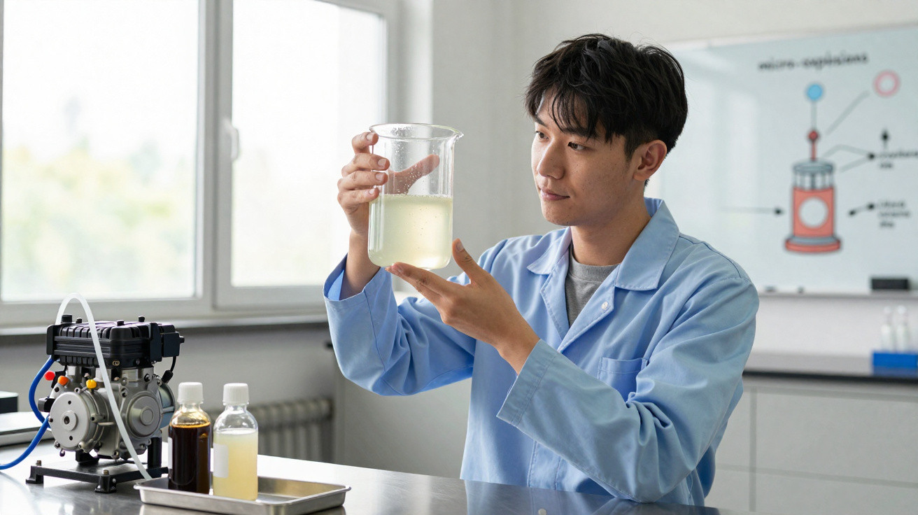 Homem de bata azul analisa líquido num béquer num laboratório científico moderno.