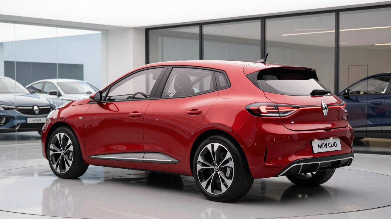 Carro vermelho Renault New Clio estacionado numa sala de exposição moderna com janelas amplas.
