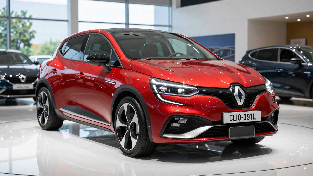 Carro Renault Clio vermelho exposto em salão automóvel com piso branco brilhante.