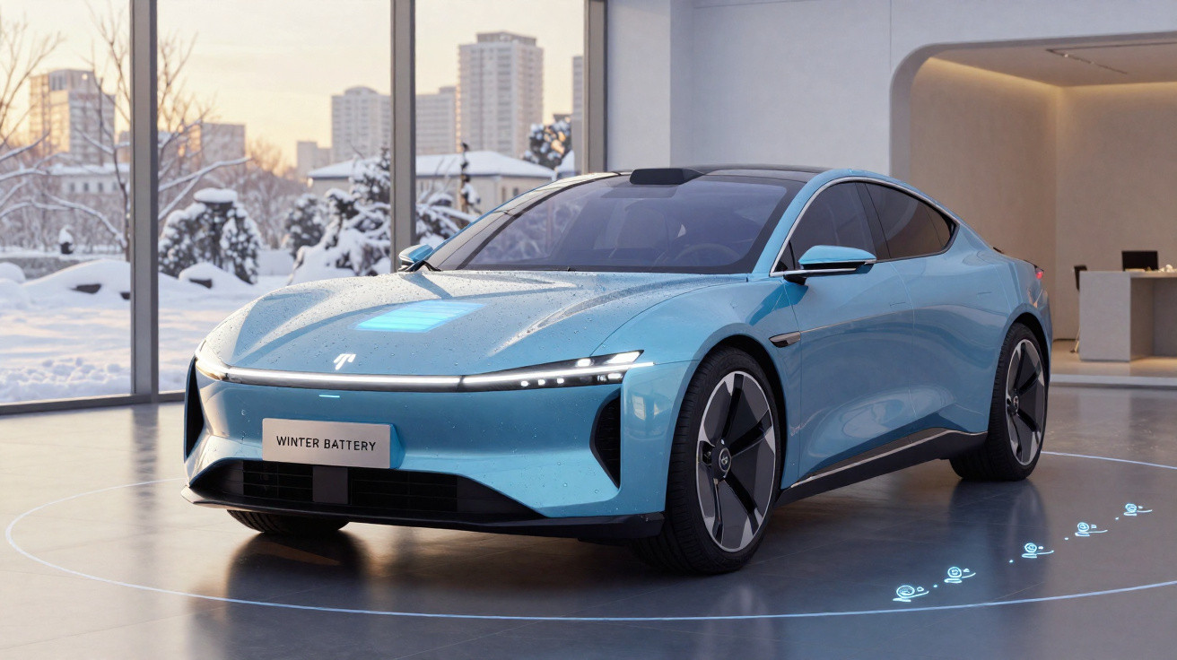 Carro elétrico azul moderno exposto em sala com janelas grandes e vista para paisagem nevada urbana.