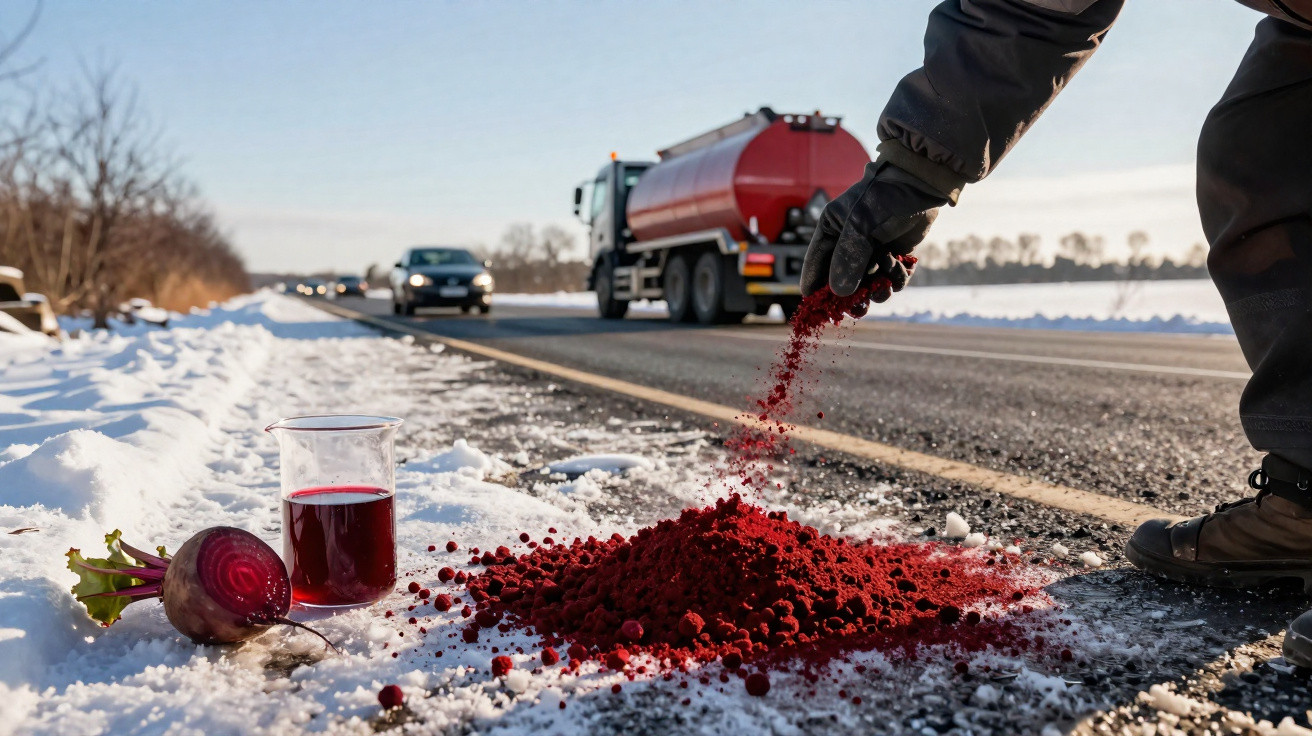 Pessoa a espalhar sal de beterraba para descongelar estrada com neve, junto a beringela e copo com sumo vermelho.