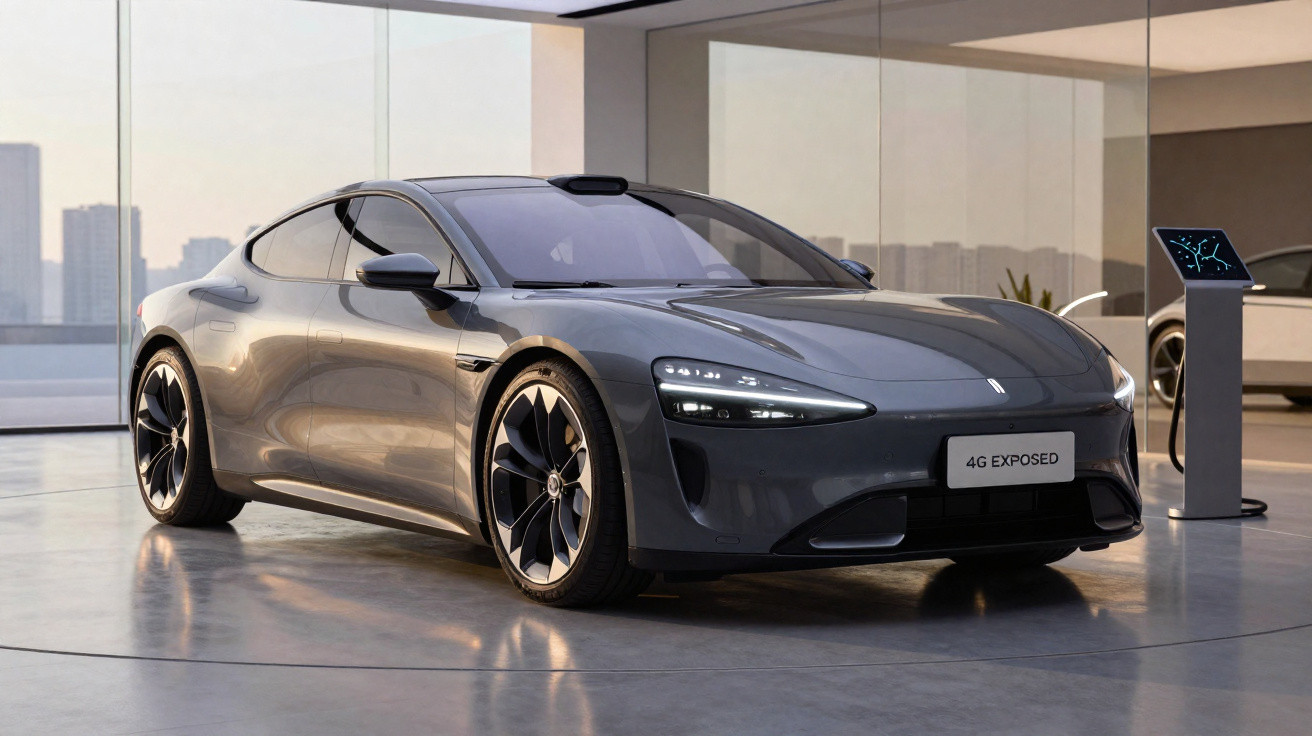 Carro elétrico cinzento estacionado numa garagem moderna com painéis de vidro e carregador elétrico.