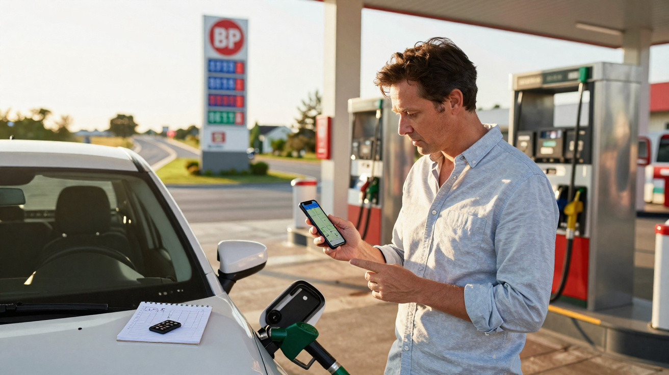 Homem a usar telemóvel enquanto abastece um carro branco numa bomba de gasolina BP ao pôr do sol.