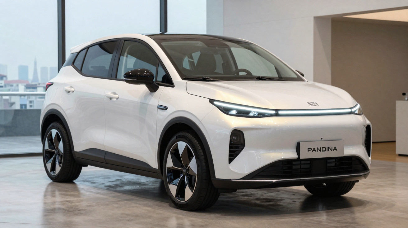 Carro elétrico branco modelo Pandina estacionado em espaço interior moderno com parede branca e janelas.
