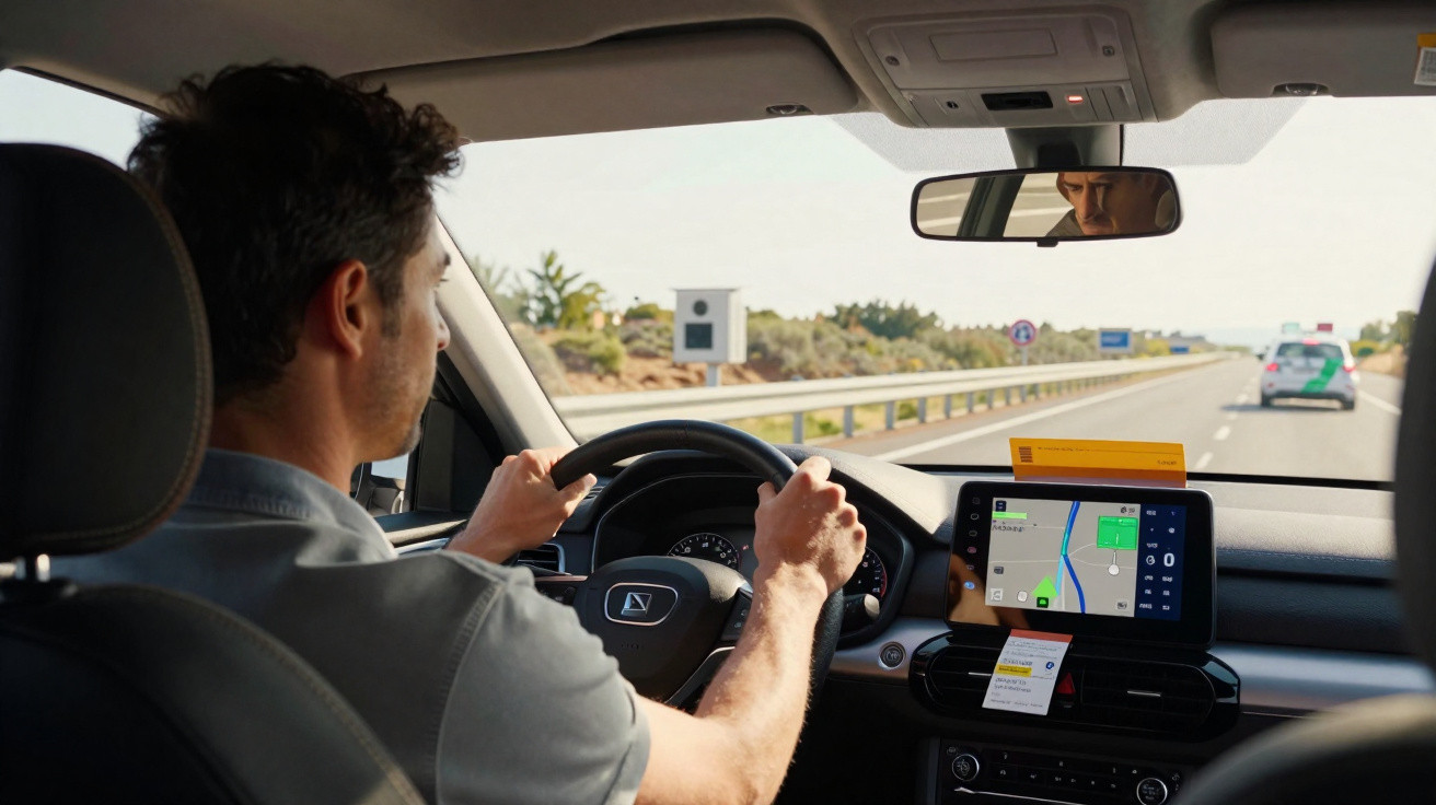 Homem a conduzir carro com navegação GPS visível no ecrã interior num dia solarengo numa autoestrada.