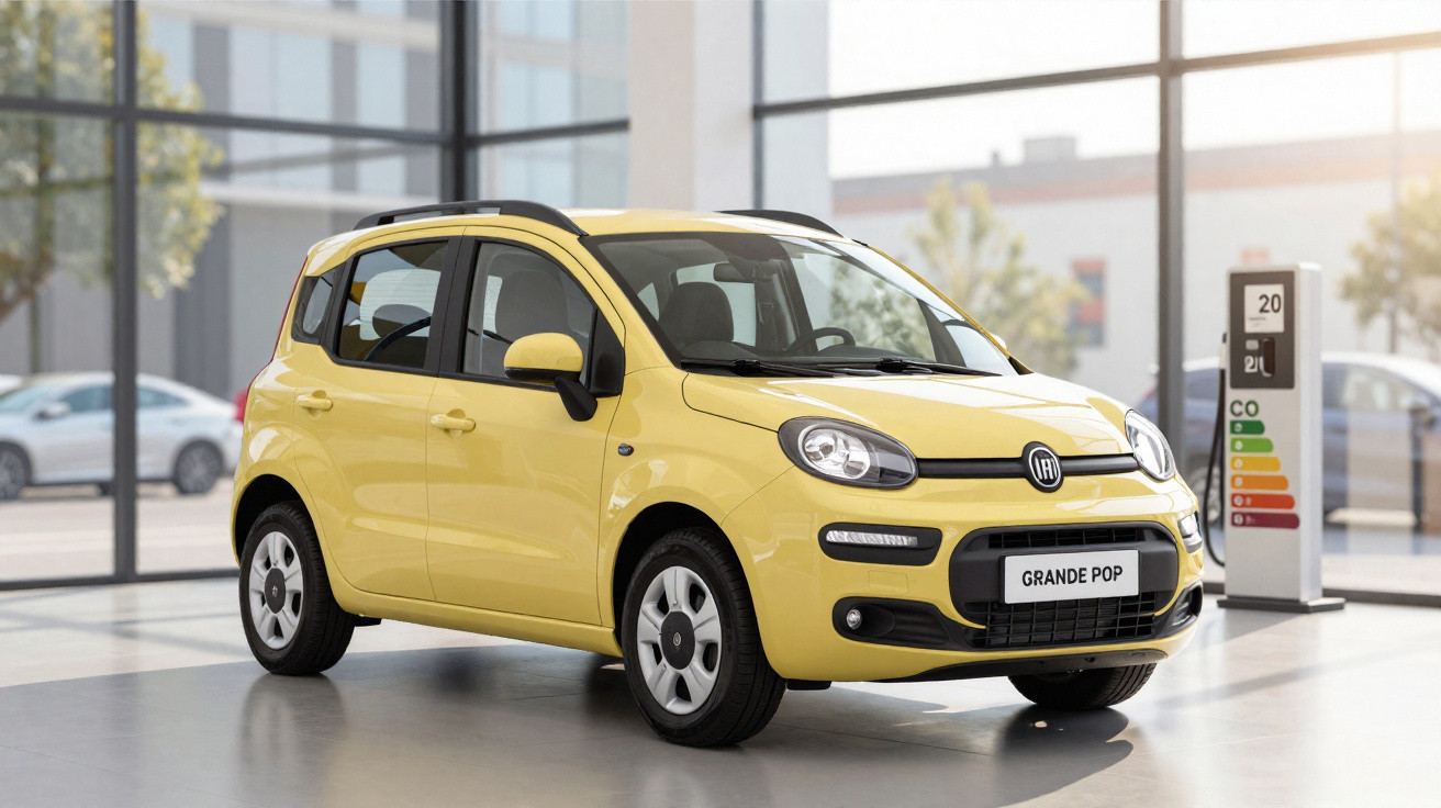 Carro compacto amarelo Fiat Grande Pop estacionado em showroom com grandes janelas e luz natural.