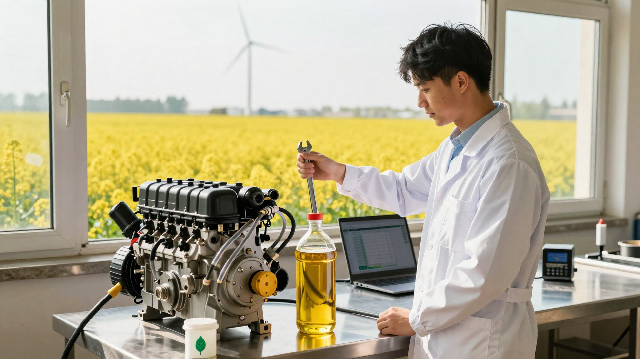 Cientista com bata branca analisa motor e líquido amarelo numa garrafa numa bancada junto a janela com campo amarelo ao fundo