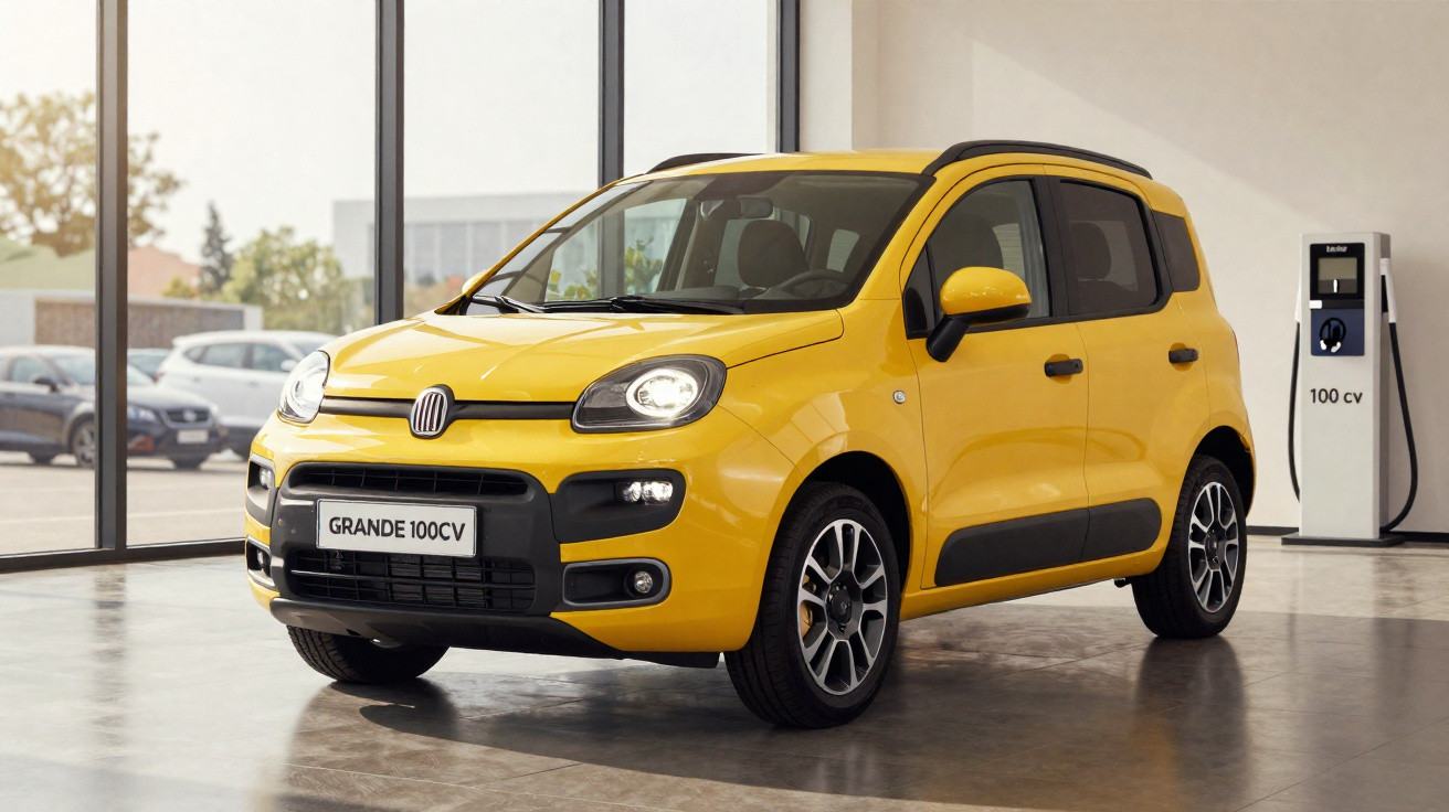 Carro compacto amarelo estacionado numa sala moderna com luz natural e posto de carregamento ao fundo.