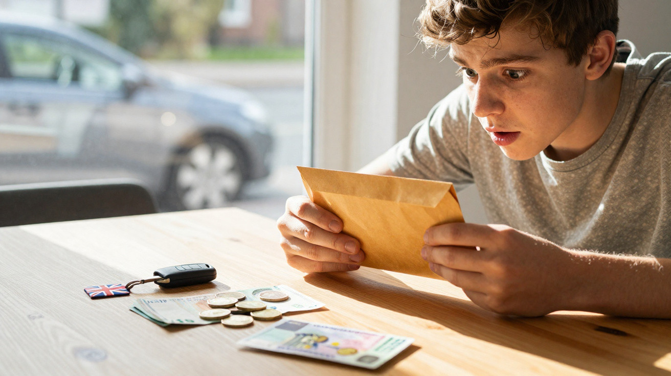 Rapaz surpreendido a abrir um envelope junto a moedas, notas, chave de carro e cartão de identificação sobre mesa.