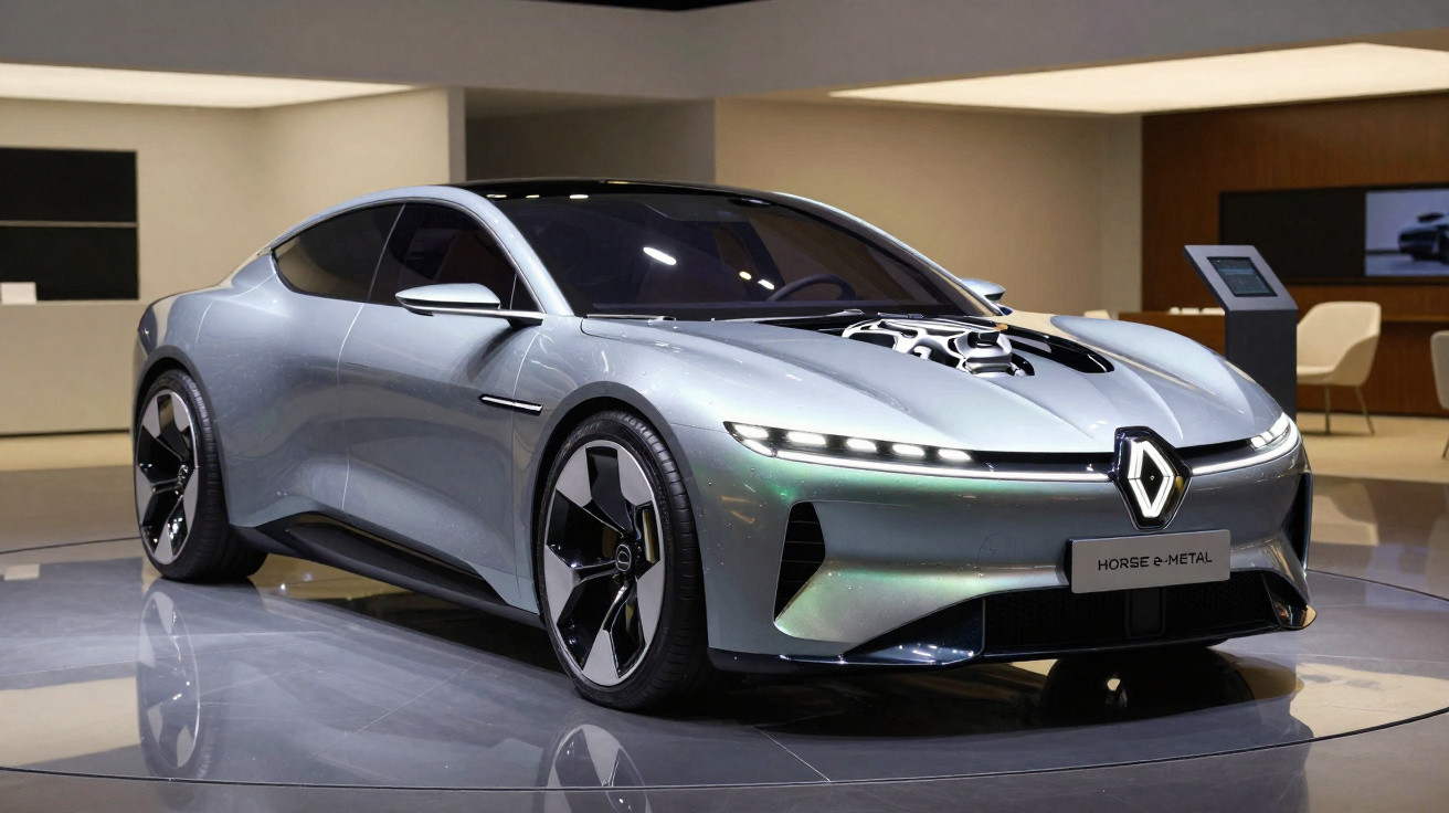 Carro desportivo elétrico cinzento com design futurista e faróis LED exposto numa sala moderna.